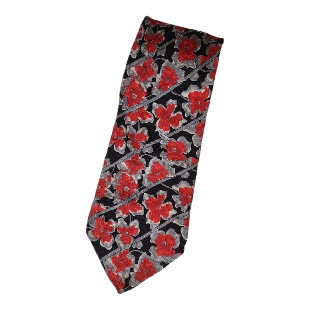 Vtg Stefano Milano Mens Silk‎ Tie Handmade in Italy Black Red Grey